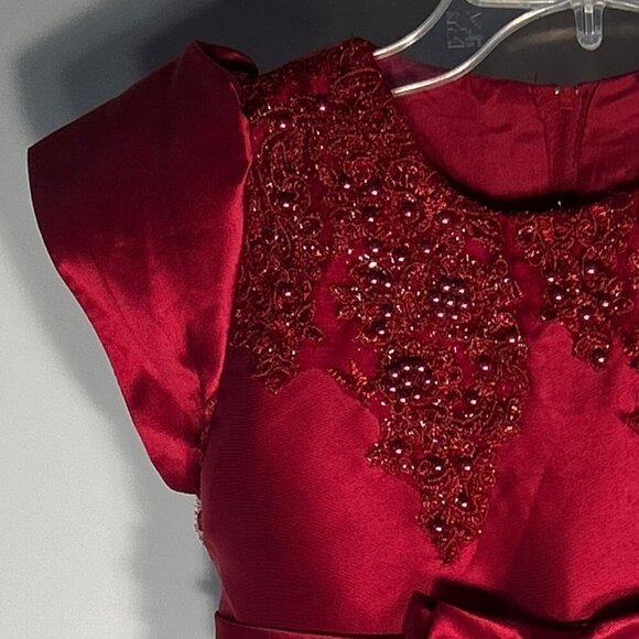 Mia Belle Girls SZ 7/8YR Red Special Occasion Dress Satin Beaded Formal Holiday - Picture 3 of 9